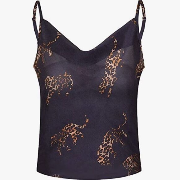 ✨NEW Leopard Cowl Neck Satin Cami Silky Cami Tank Top Soft - Picture 2 of 9
